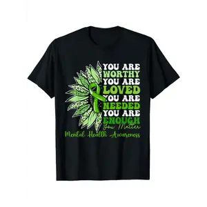Mental Health Awareness T-Shirt with Green Ribbon & Butterfly Design - "You Are Worthy Loved Needed" Positive Affirmations, Bipolar Disorder Support Gift for Men & Women, Casual Casual Attire
