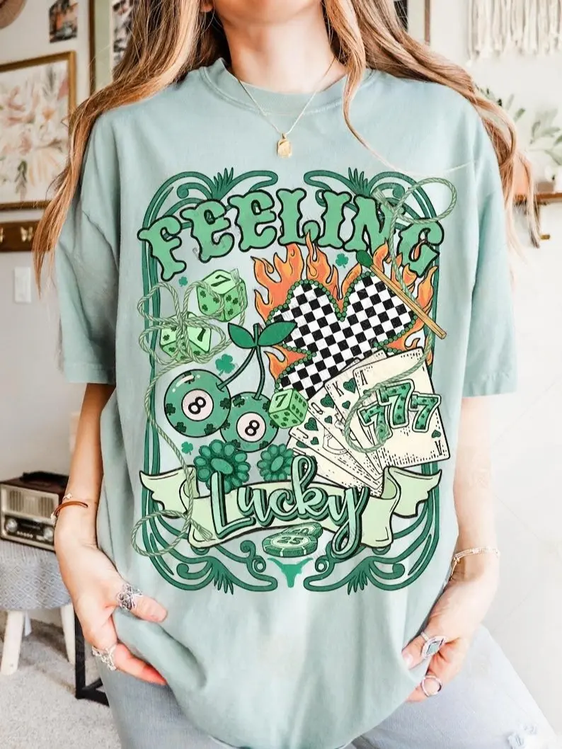 Comffort Colors Feeling Lucky Vintage T-shirt Retro Western Casino Collage Cowboy Rodeo Graphic Edgy St Patrick’s Day Tshirt