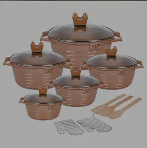 10-Piece Brown Granite Nonstick Cookware Set with Glass Lids – Durable Pots & Pans Kitchen Set with Utensils