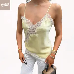 YeeZaa Satin Lace Cami Top Y2k Asymmetrical Hem Cami for Women Deep V Neck Spaghetti Strap Sexy Tank for Going Out  Vacation & Summer Party 2026