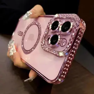 Lens Protector Glitter Diamond Case For iPhone 14 15 16 13 Pro Max Plus For Magsafe Magnetic Clear Transparent Phone Cover