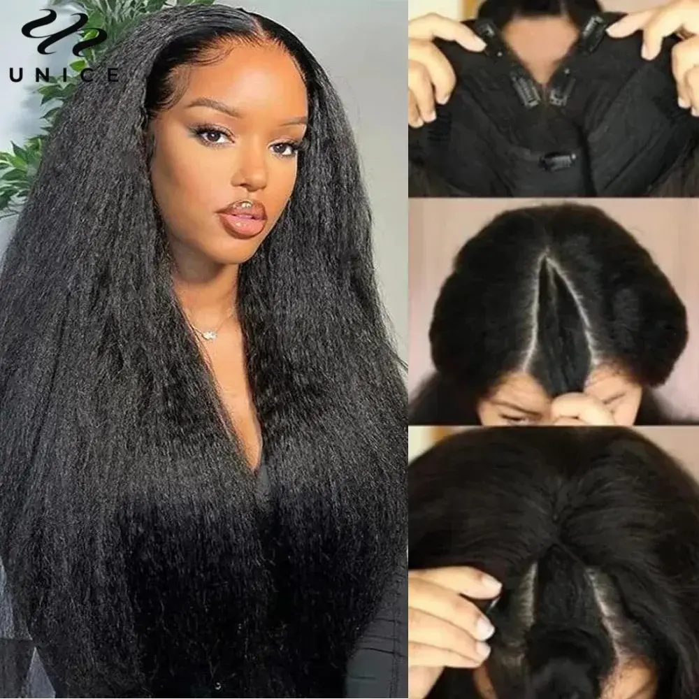 Unice Hair Drawstring Cap Kinky Straight V Part Wig & U Part Wig Easicontour 100% Human Hair Wigs No Glue Small Head Friendly unice