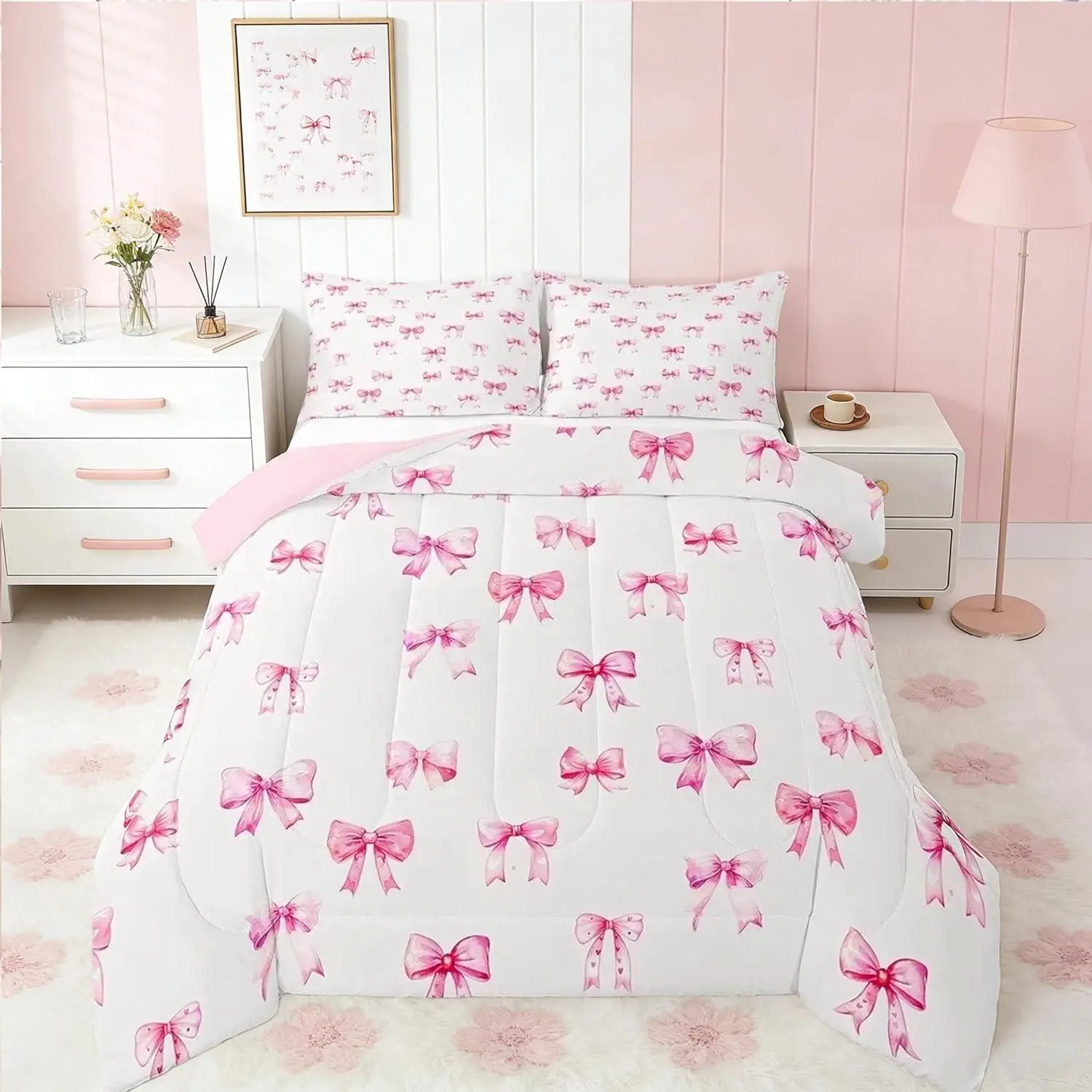 Pink Bow Bedding Set Bow Comforter Set Women Men Ultra Soft Cute Bowknot Comforter Kawaii Duvet Set Room Decor Lovely Quilt Set