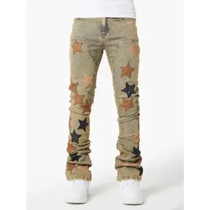 Men's Casual Embroidered Jeans Regular Fit Mid Waist Below the Ankle Multicolor Denim Straight Leg Zipper Fly Pocket Comfortable All Seasons Menswear Cotton Fabric Long Natural