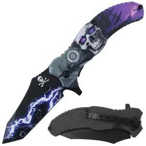 RT 7386-PP 4.5" Purple Lightning Skull 3D Print Outdoor Camping Tool Multifunctional Fruit Folding Knife with Belt Clip