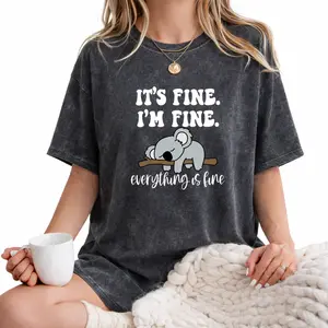Casual Women's T-Shirt with Koala Cartoon Print – 'It's Fine I'm Fine' Washed Short Sleeve Top