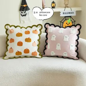 Halloween Pumpkin Ghost 3D Embroidered Wave Edge Pillowcase, Decorative Cushion Cover for Bedroom Living Room Office Party