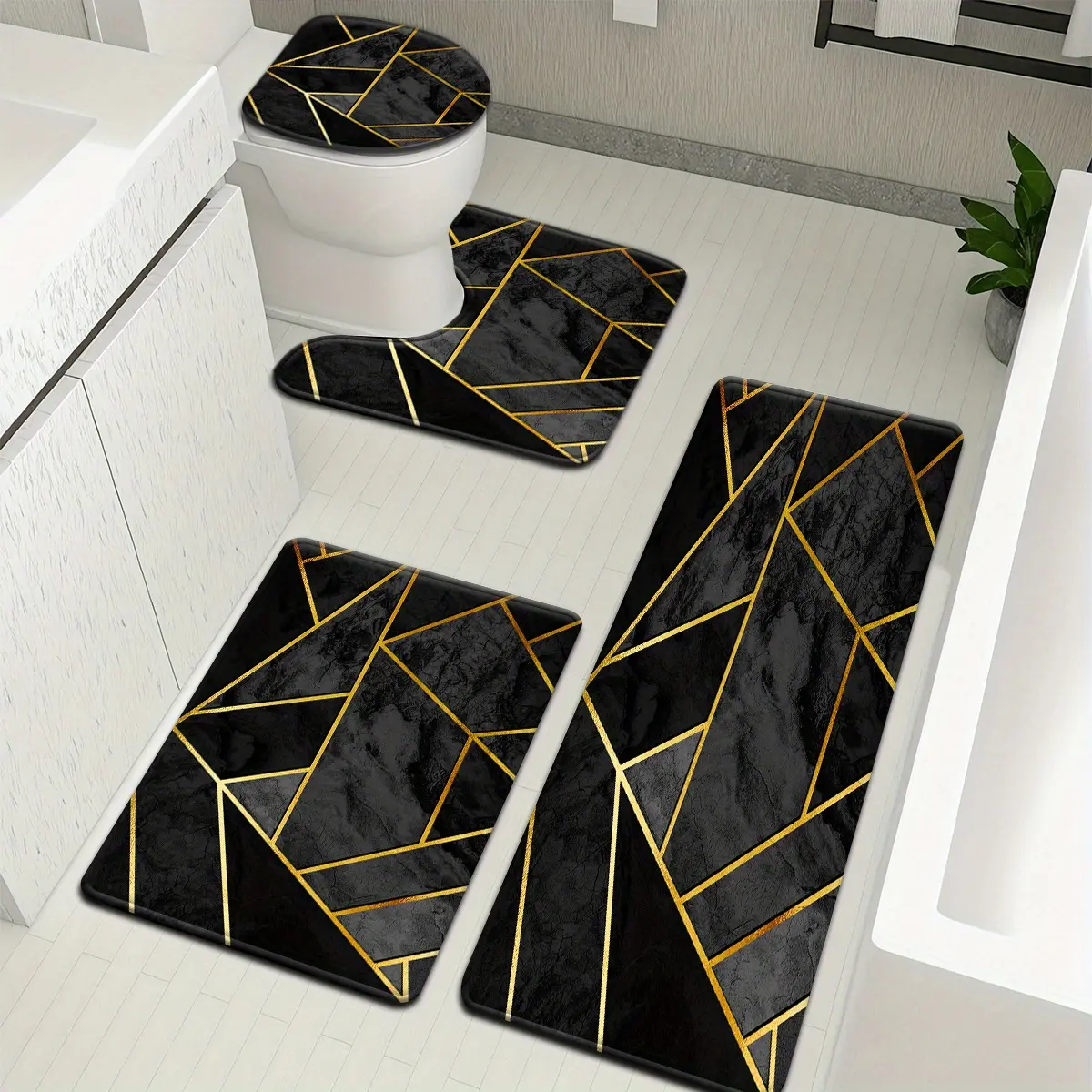 Bathroom Rugs Set - 3pcs/4pcs Black & Gray Marble Pattern Geometric Set, Includes Toilet Seat Cover, U-Shaped Footmat for Bathroom Decor