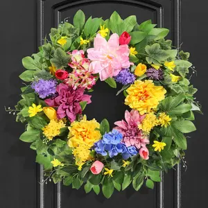 24 Inch Spring Greenery Front Door Wreath with Peonies Dahlias Hydrangeas Artificial Floral Wreath for Indoor Outdoor Porch Window Wall Home Decor