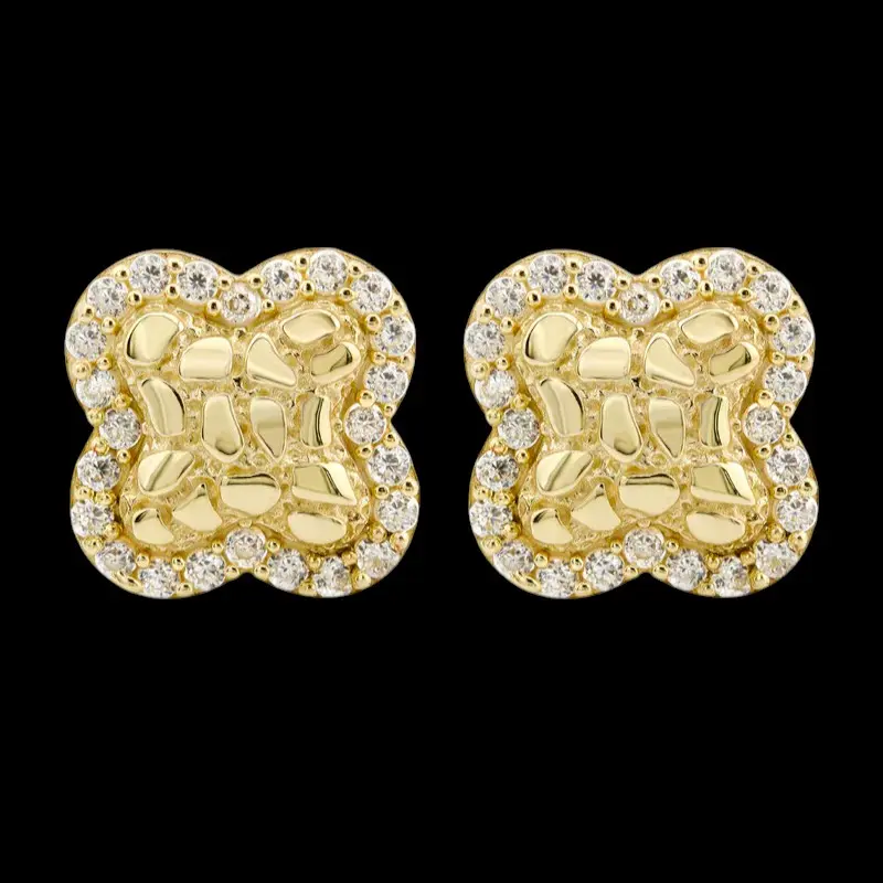 MaxBling81 Unisex 14K Gold-Plated Brass Golden Nugget Clover Earrings, 12mm x 12mm Cubic Zirconia Studs, Fashion Costume Jewelry for Men & Women