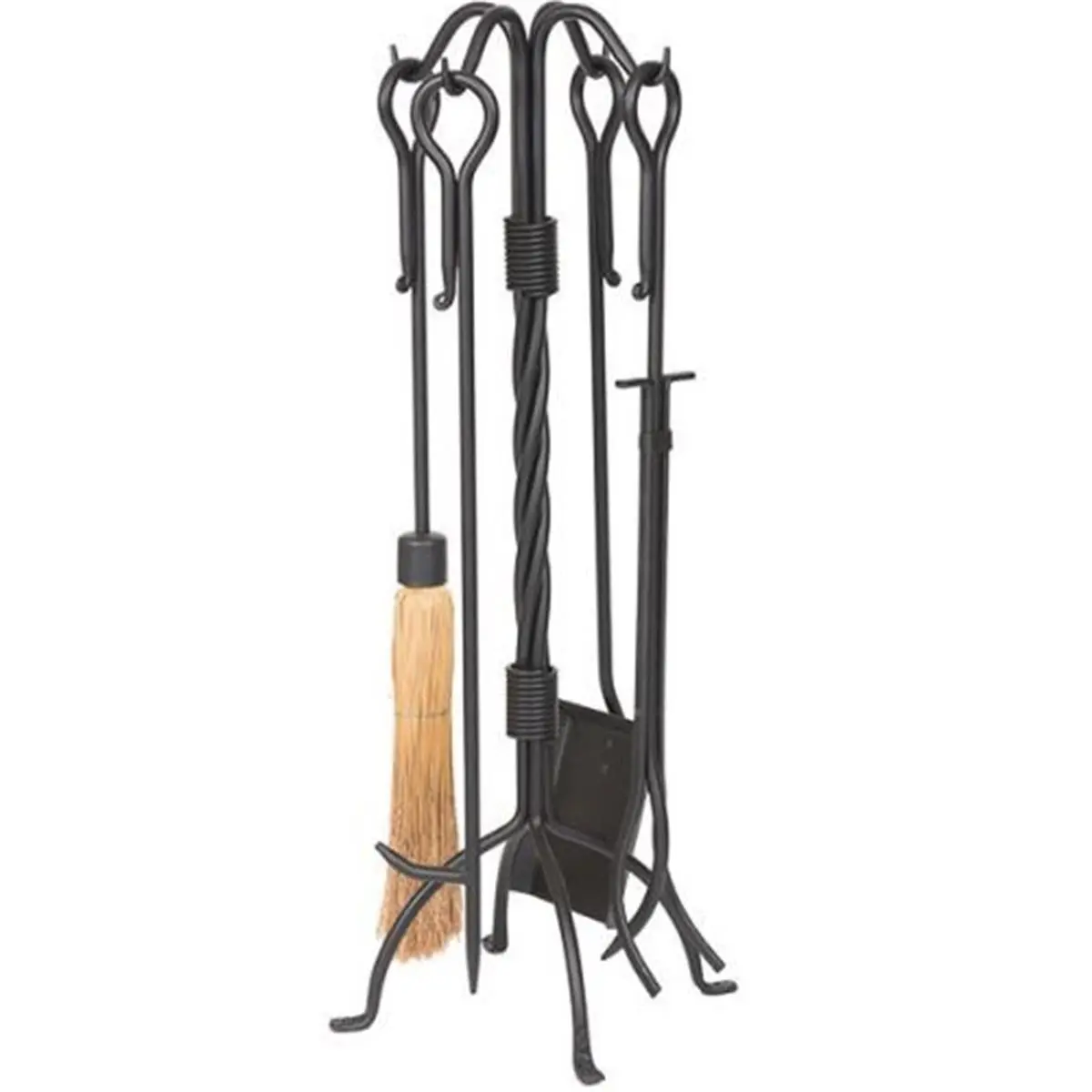 212 MAIN Dagan Wrought Iron 5-Piece Fireplace Tool Set - Black, Corn Broom, Twist Stand