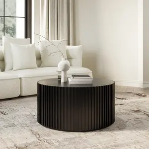 Fluted Round Coffee Table, Minimalist Wood Coffee Table, Mid Century Modern, Black Color, Fully Assembled, 31.5"