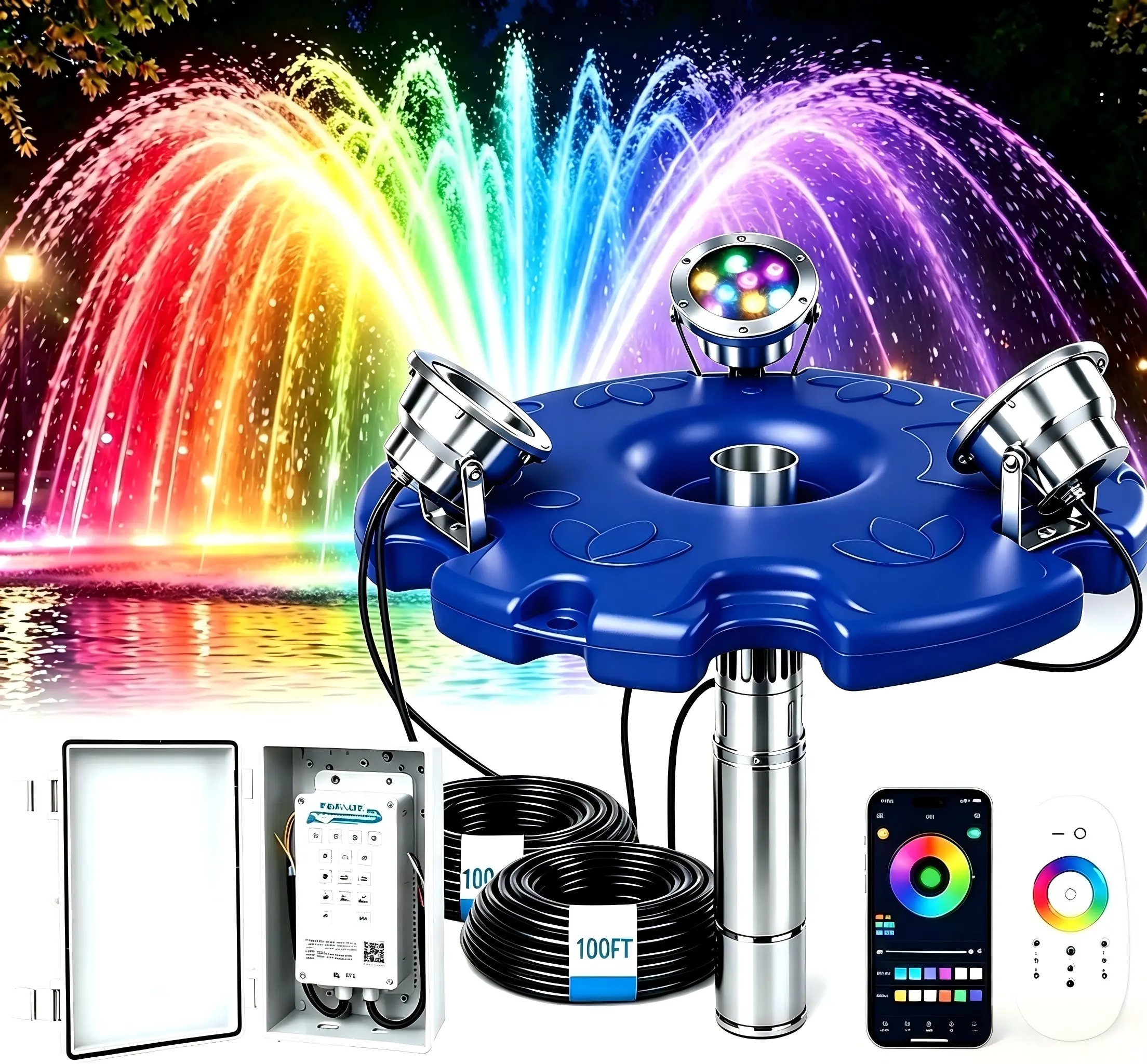 Foxlux 2HP Pond Fountain Aerator with RGB Lights - Perfect for Backyard Ponds,Lakes,and Water Gardens,with Controller, APP & Remote Control
