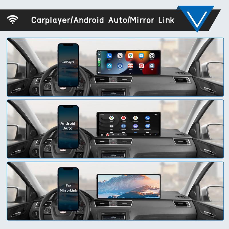 10.26 Inch Carplay Display Screen, Touchscreen, Car Video Player, with Mirror Link/Backup Camera/Bluetooth/GPS Navigation/AUX for All Vehicles  Android Auto Functionality, Rearview Camera Included