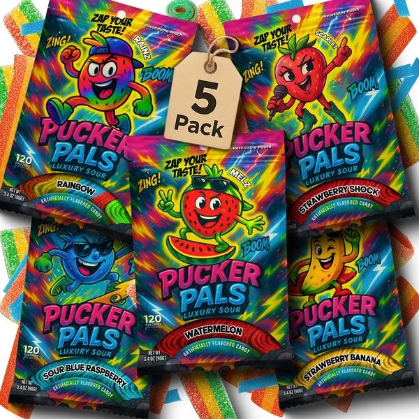 Pucker Pals Sour Candy 5 Flavor Multi-Pack – Extreme Sour & Sweet Strips, Chewy Gummies Gummy Worms Style Bold Fun Belts With A Punch for Kids Boys Girls Teens & Adults Halloween & Stocking Stuffers