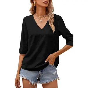 Women Fashion Half Sleeve V-Neck T-Shirt Solid Loose Basic Tops
