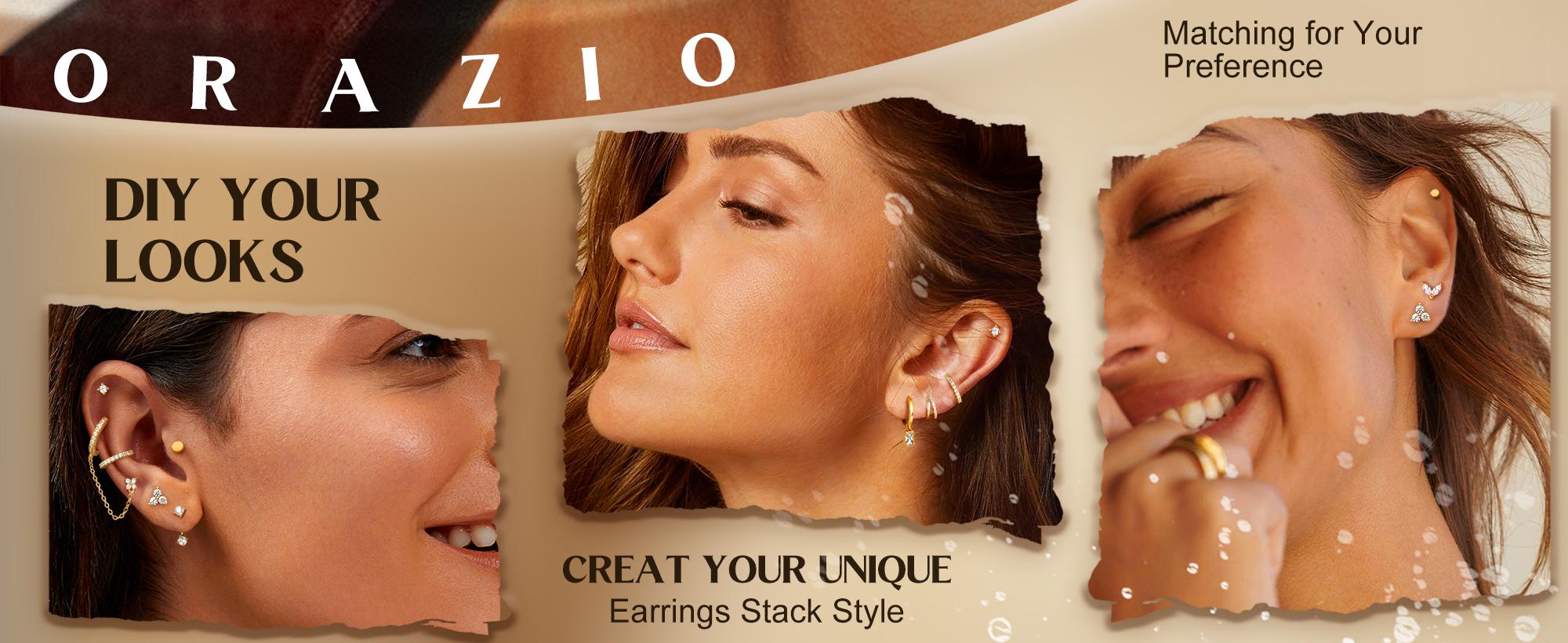 ORAZIO 14K Gold Plated Silver Huggie Hoop Stud Earrings Set for Women Hypoallergenic Cartilage Piercing Jewelry Multiple Piercing Earrings Stack with Chain & CZ Studs