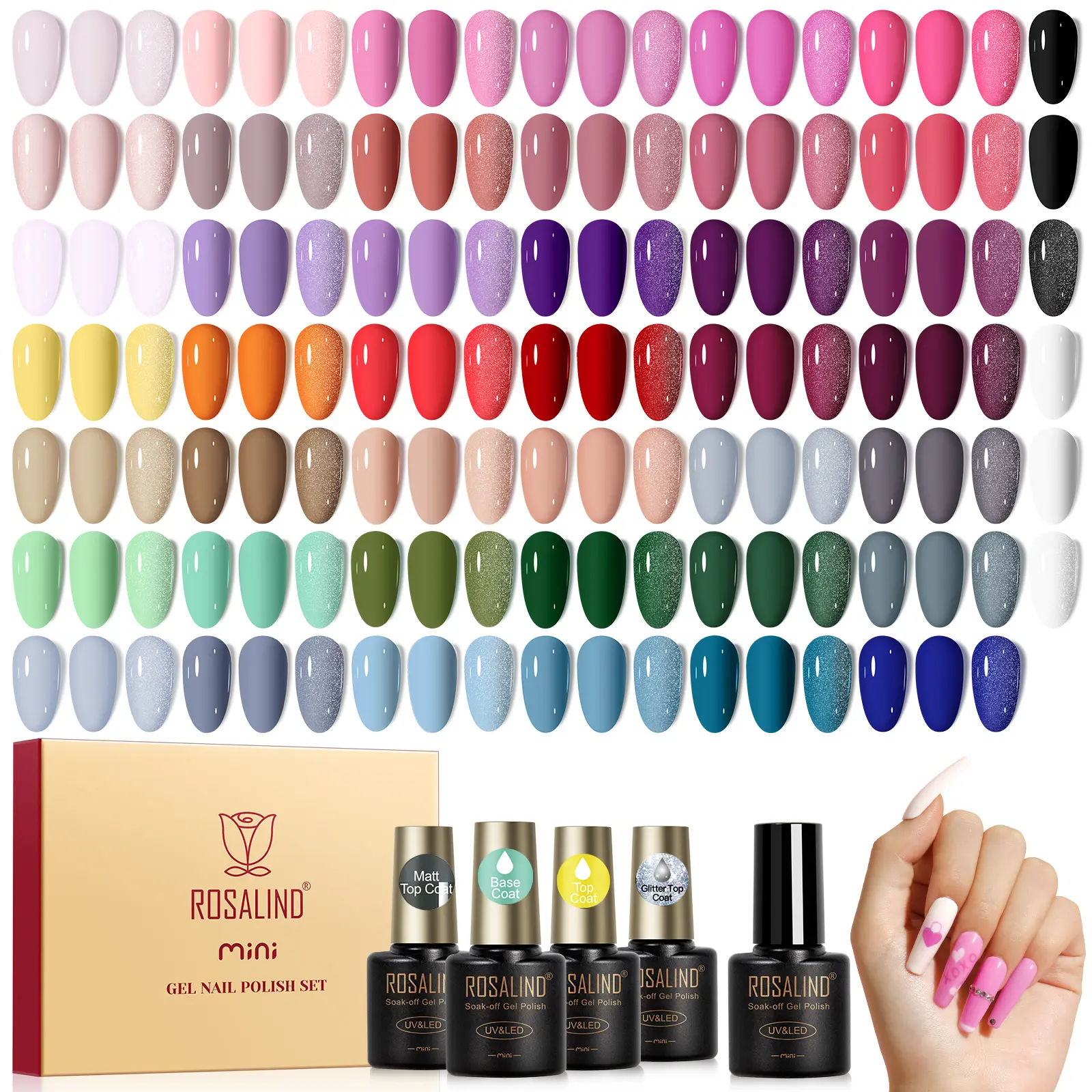 ROSALIND 48pcs Gel Nail Polish Set - 44 Trendy All-Season Colors, Base & Top Coat Included, UV/LED Required, DIY Home Gift for Women (Beauty & Personal Care Nail Art Kit)