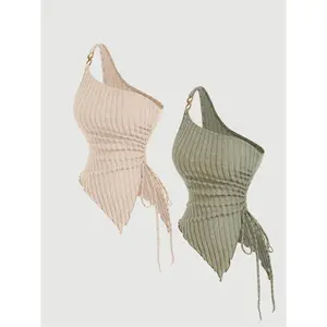 Women's Solid Ruched Asymmetrical Hem Tank Top, Elegant One Shoulder Drawstring Side Top for Daily Wear, Ladies Clothes for All Seasons Valentine's Day, Going Out Tops