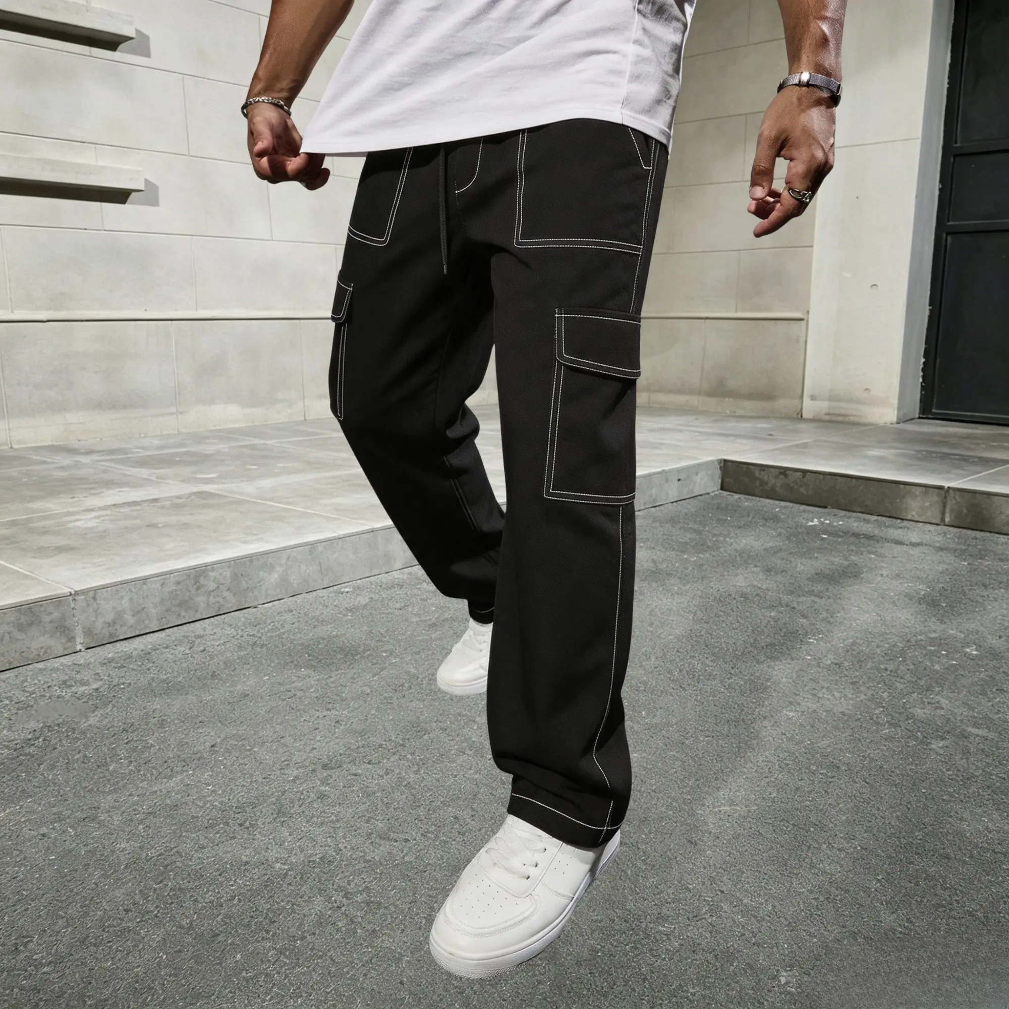Men’s American high-street visible-stitching cargo pants, multi-pocket straight-leg wide-leg long pants, streetwear brand drawstring casual cargo trousers