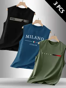 Men's Summer Casual Sleeveless Vest, Letter Pattern Print, Outdoor Sports Wear, Daily Versatile, 3 Pack, Fitted Style