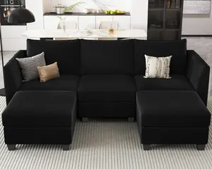 Modular Sectional Sofa with Double Chaise Velvet U Shaped Sofa Reversible Sectional Couch with Storage Black