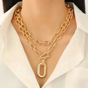 Paperclip Chain Choker & Gold-Plated Clavicle Necklace Set (with Clasps) — 2-Piece Layered Necklace Set | Cuban Link Style, Chunky Punk-Style Accessory, Hip-Hop Party Jewelry, Exquisite Fine Jewelry