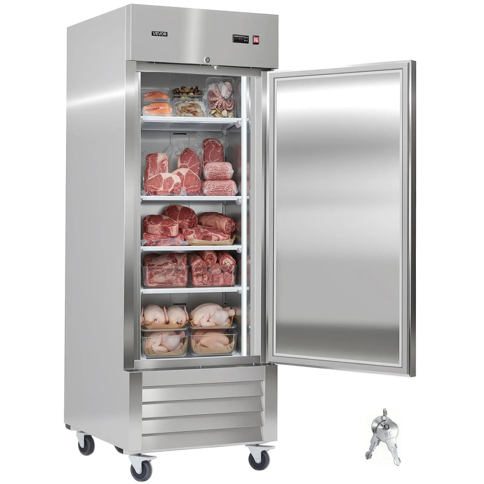 VEVOR Commercial Reach-In Upright Freezer, 22 Cu. Ft Stainless Steel Single Door Unit with Auto-Defrost, 4 Adjustable Shelves, -11 to 14 Temp Control, LED Light, ETL Certified, 29 W, AC 115V, 29.02x32.20x82.48 in, 360 Universal Casters, PVC Components, 26