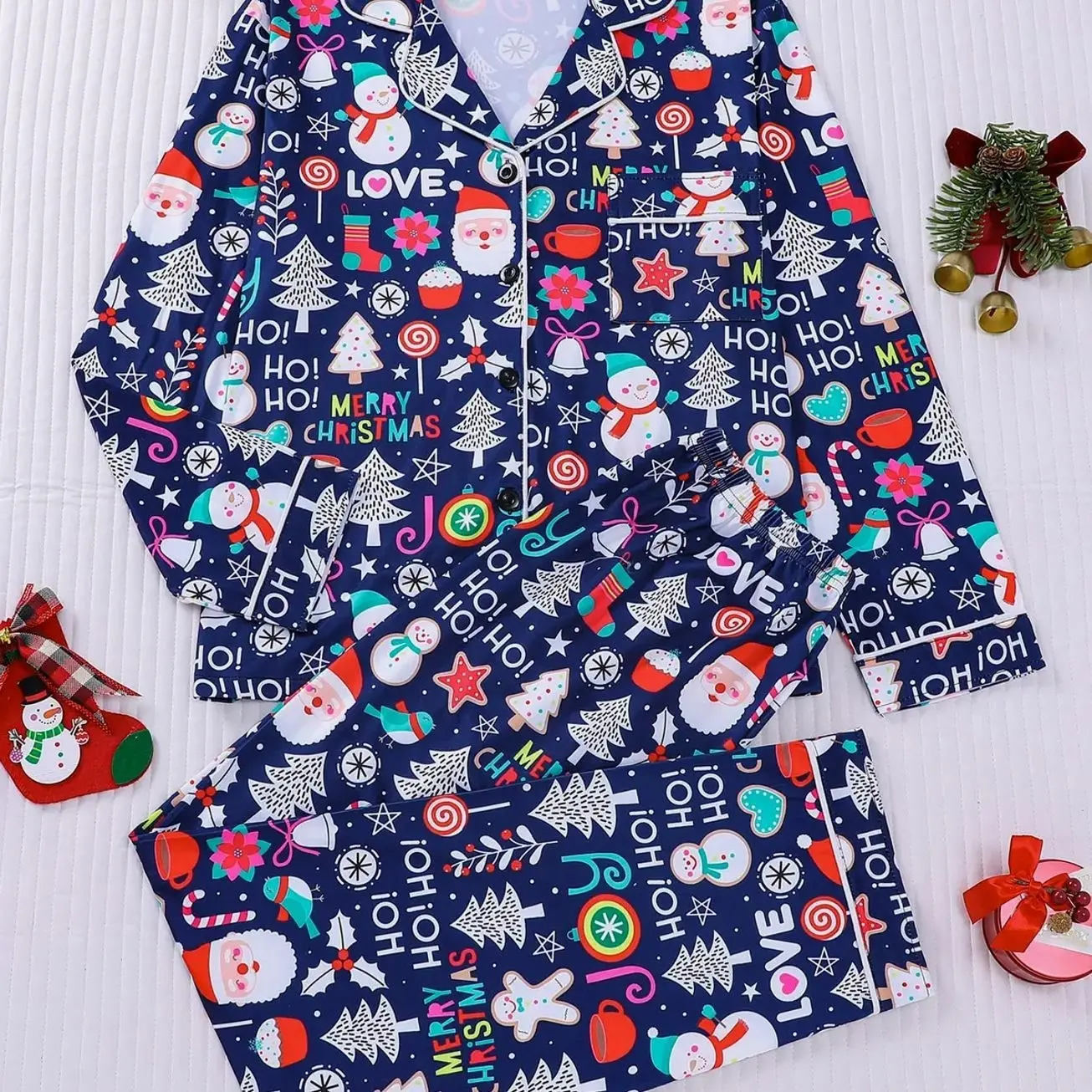 2-piece set, Pajama set of gingerbread man, building blocks, Festive Christmas long sleeved pants, Collared top with small pockets, button closure, elastic waistband, suitable for all seasons, soft, comfortable, skin friendly for home we, Loungewear, Pjs