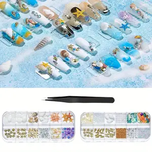 2 Boxes Shell Starfish Conch, Summer Beach Nail Art Rhinestones Accessories, Nail Studs Sea Series, Ocean Theme, Bring a of Tweezers, Nail Art Rivets, Charms Supplies, for Nail Art Designs, DIY Manicure Decoration