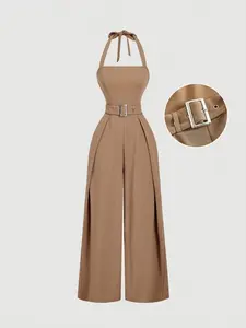 Women's Fashion Comfortable Backless Halter Jumpsuit with Adjustable Waistband, Stylish One-Piece for Casual Wear