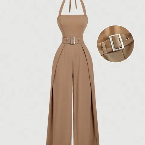 Women's Fashionable Elegant Comfortable Backless Halter Jumpsuit with Adjustable Waistband, Fitted One-Piece Outfit for Casual Wear