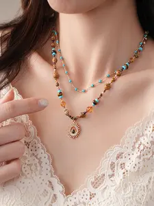 Women's Ethnic Style Turquoise Beaded Sunflower Pendant Necklace, Versatile Jewelry Accessory for Women, Perfect Gift Idea