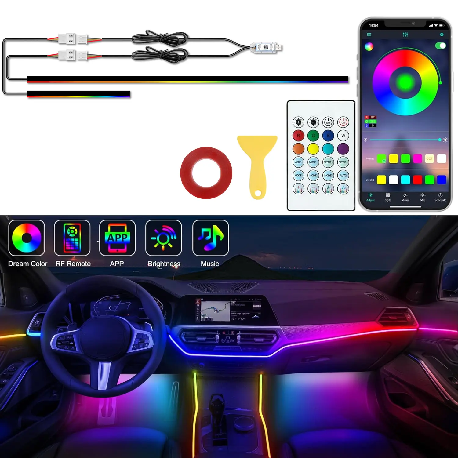 USB RGB Car Interior Ambient Light Strip, App & RF Remote Control Dream Color Car Atmosphere Light, Music Sync Sound Activated LED Neon Light Strip