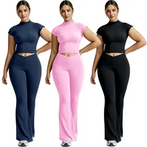 Crossover High Waisted Crop Tops Leggings Sets Tummy Control Crew Neck Women Stretchy Butt Lifting Yoga Gym Pants High Fashion Riding Exercise Fitness