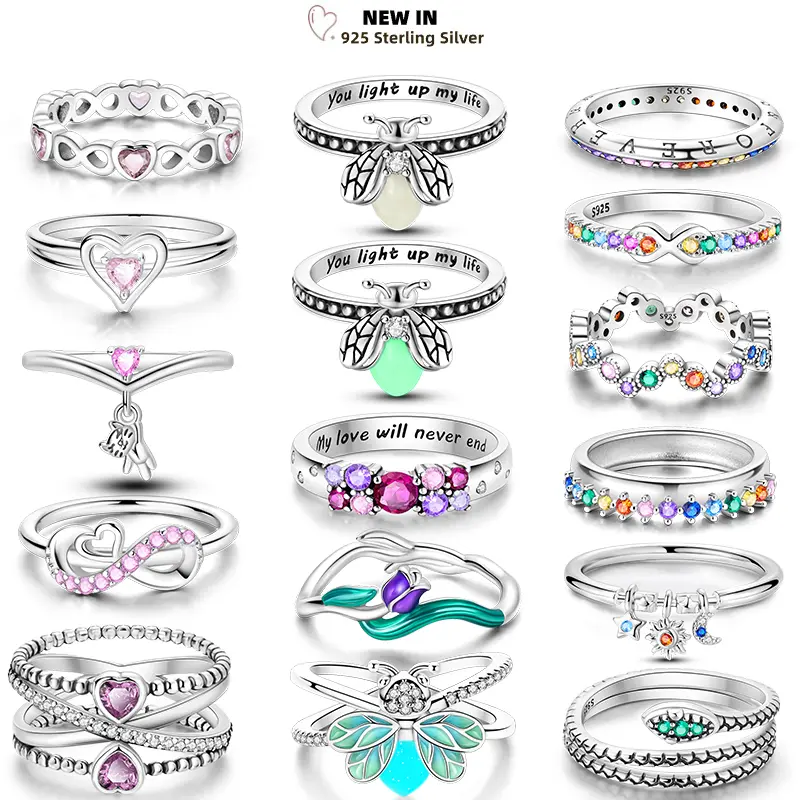 Luminous Heart & Flower Wishbone Ring in 925 Sterling Silver for Female, Sparkling Rainbow Wedding & DIY Style Stacking Jewelry, Diy Your Own Style Bracelets