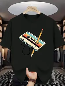 Vintage Cassette Tape & Pencil Print T-Shirt Retro 80 Tech Design Round Neck Tee for Casual Summer Wear Music Lovers Nostalgic Style