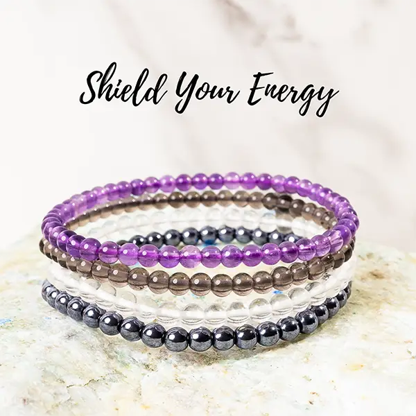 "Shield Your Energy" Protection Amulets Healing Gemstone Bracelet Stack | 4mm Hematite, Smoky Quartz, Amethyst, Clear Quartz Beads | Perfect for Men,