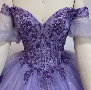 NO.44 Quinceanera Ball Gown Dress Glitter Tulle with Off-Shoulder Design, Waist Clinking, and Light Tulle Skirt