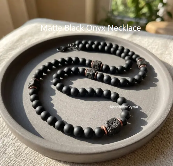 Men's Genuine Matte Black Onyx Beaded Gemstone Necklace - Cube Lava Stone Reiki Healing Protection Costume Jewelry