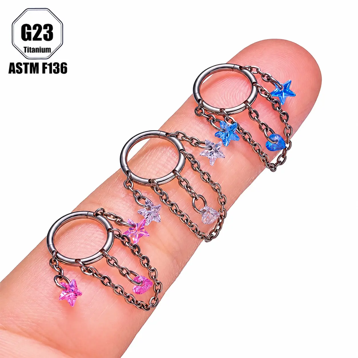 Hypoallergenic Titanium Seamless Hoop Earrings with Layered Chain Star Heart Dangle, Dainty Huggies