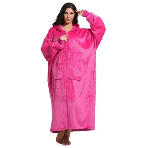 REDESS Flannel Sherpa Lined Pajamas Unisex Long Hooded Robe Zipper Front With Pockets Thick Warm for Fall Winter Nightwear Womenswear  Loungewear Gowns Homewear