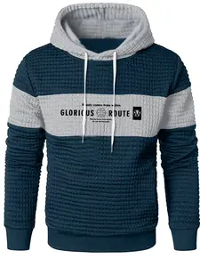 Men's Sports and Leisure Fashion Hoodie - Navy Blue and White Letter Printed, Long Sleeve, Polyester , Machine Washable
