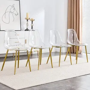 Bellemave  Modern simple transparent dining chair plastic chair armless crystal chair Nordic creative makeup stool negotiation chair Set of 4 and plating metal leg
