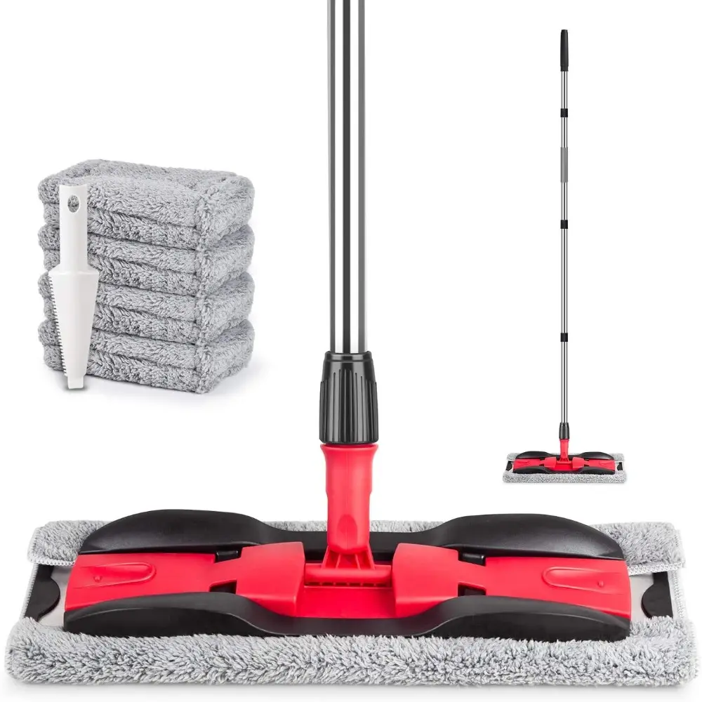 Microfiber Hardwood Floor Mops for Floor Cleaning-Dry Dust Mop with 4X Washable Reusable Pads and Adjustable Handle Flat Mop Commercial Home Use for Wood,Laminate,Tiles,Hardwood