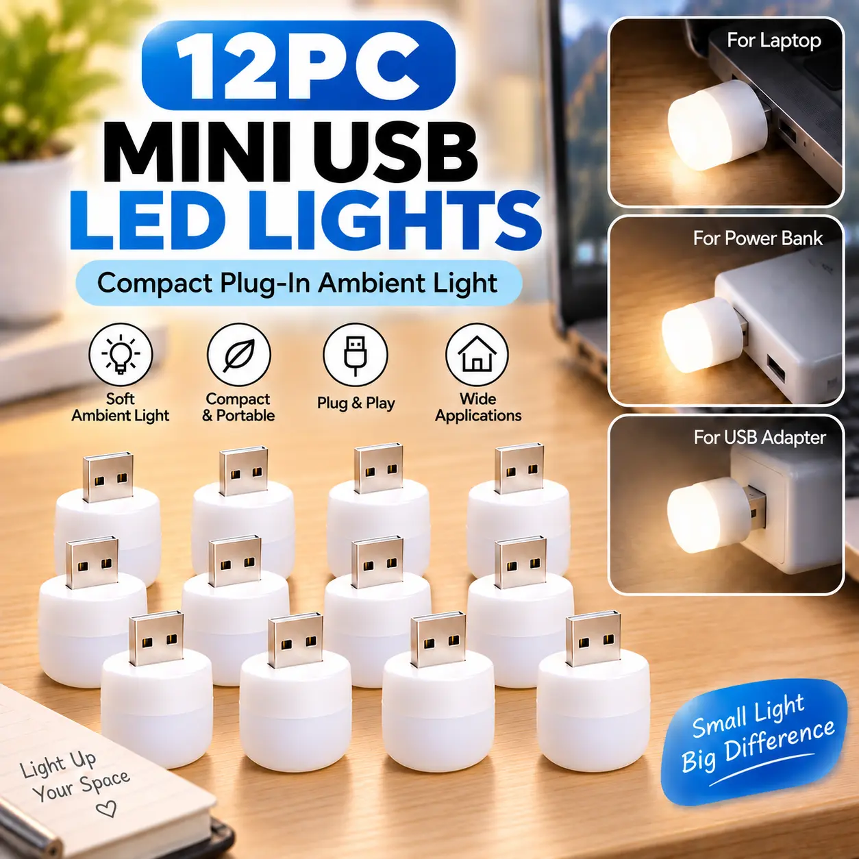 12-Pack Mini USB LED Night Lights, Compact USB-A Plug-In Lights for Bedroom, Desk, Laptop, Power Bank and USB Power Strip