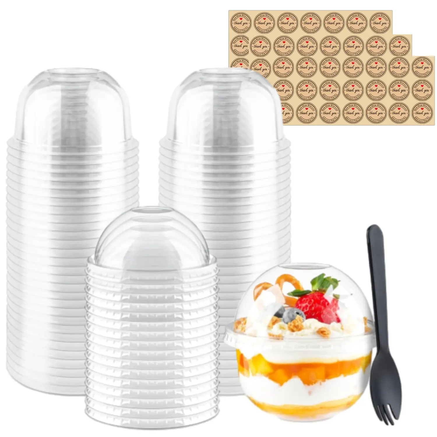 50PCS Dessert Cups with Dome Lids Disposable Plastic Cups with Lids Clear Pet (No Hole), Sporks and Stickers for Plastic Fruit, Cake and Mini Snack Bowls (9 oz, Simple Cup)