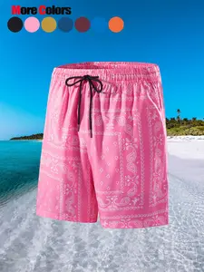 Men's Paisley Print Drawstring Waist Beach Shorts, Paisley Print Trunks, Loose Casual Comfortable Breathable Pocket Beach Shorts for Summer, Fashion Men's Shorts for Beach Vacation Outdoor