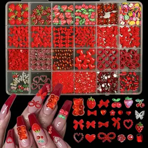 1 box of nail art accessories, cute 3D strawberry bow, heart-shaped nail accessories, phone cases, earrings, hair accessories DIY