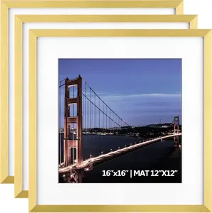 16x16  Picture Frame Matted to 12x12, Set of 3, Thin Square Frame for Gallery Wall Display, Hanging Hardware Included (3 Pack, )